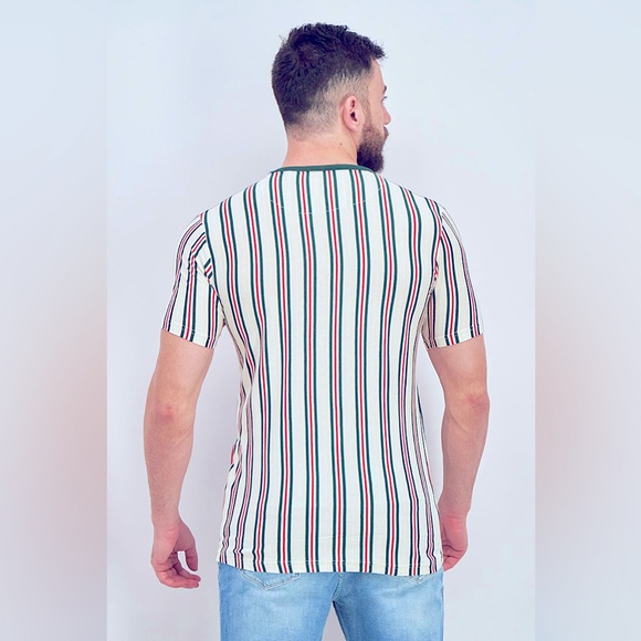 Denim&Flower Men Crew Neck Short Sleeve Stripe T-shirt, Beige and Green and Red - Picture 2 of 6